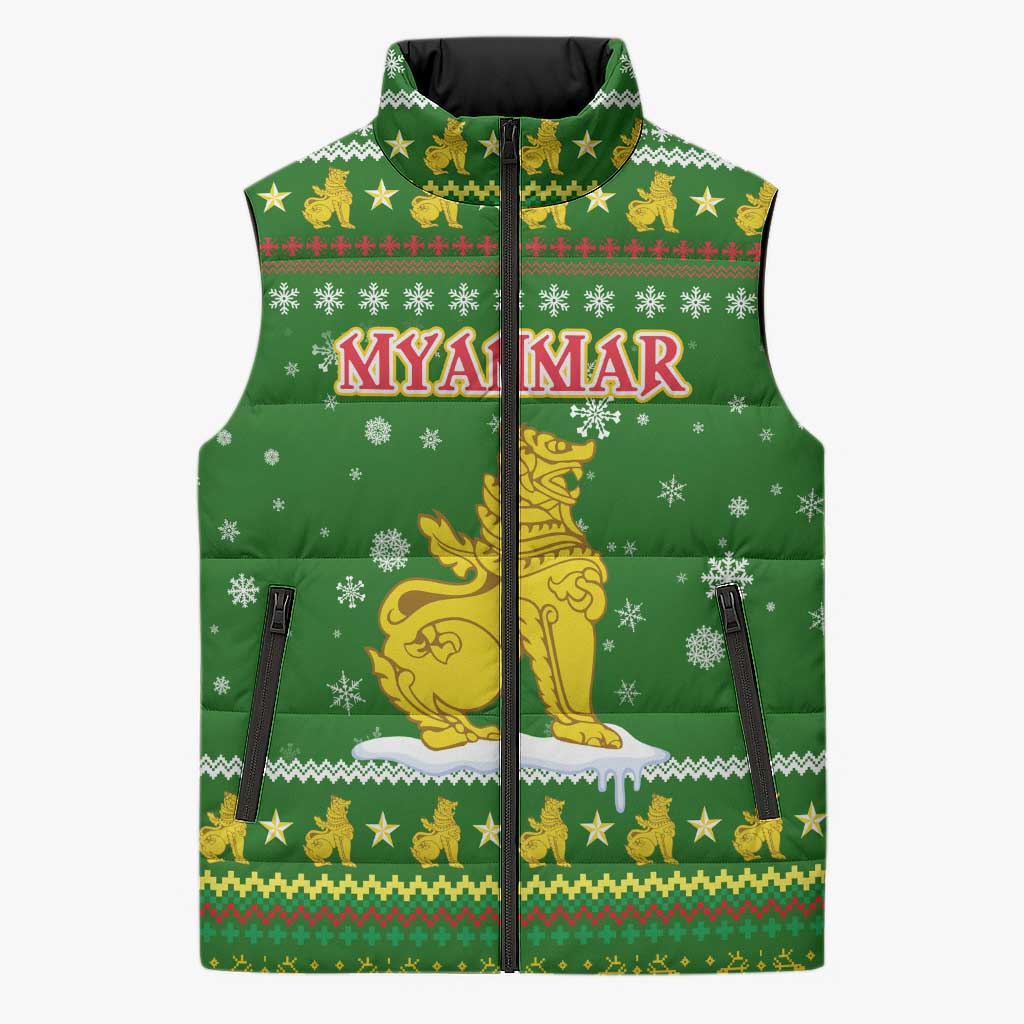 Myanmar Christmas Sleeveless Puffer Jacket with Green-Gold Theme, Chinthe Lion, and Santa Motif - Shopicos