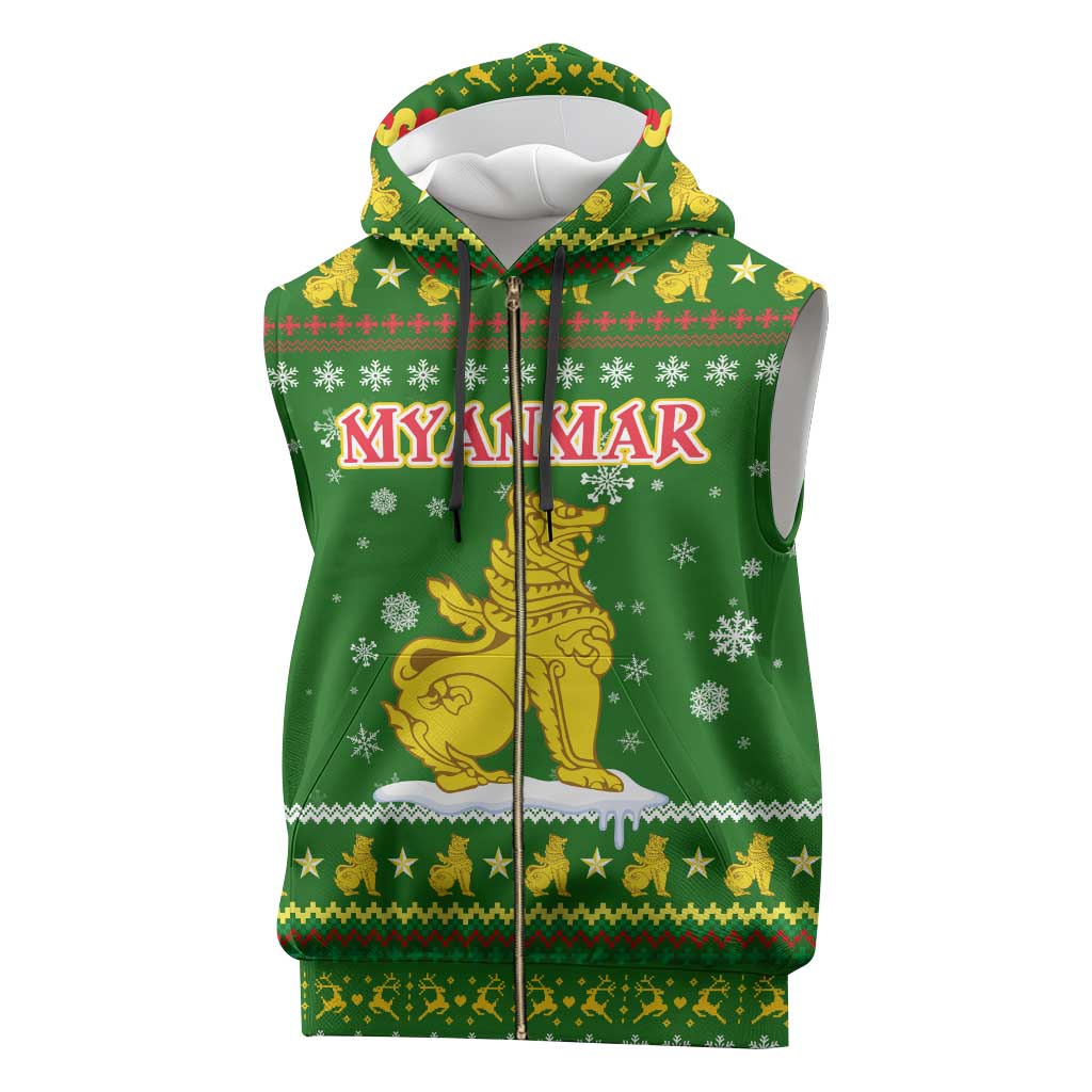 Myanmar Christmas Sleeveless Zip Hoodie with Green-Gold Theme, Chinthe Lion, and Santa Motif - Shopicos