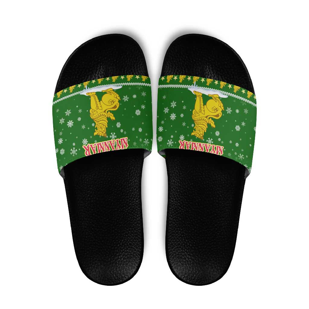 Myanmar Christmas Slide Sandals with Green-Gold Theme, Chinthe Lion, and Santa Motif - Shopicos