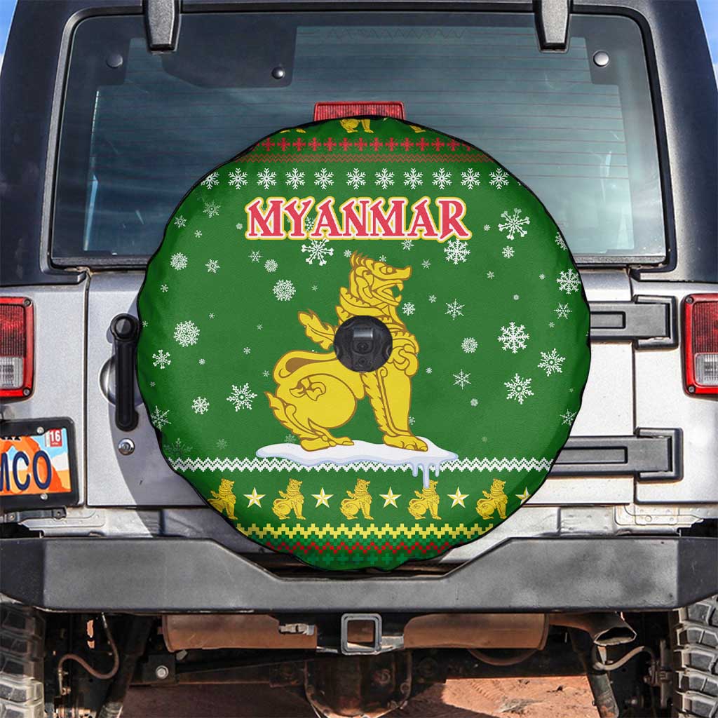 Myanmar Christmas Spare Tire Cover with Green-Gold Theme, Chinthe Lion, and Santa Motif - Shopicos