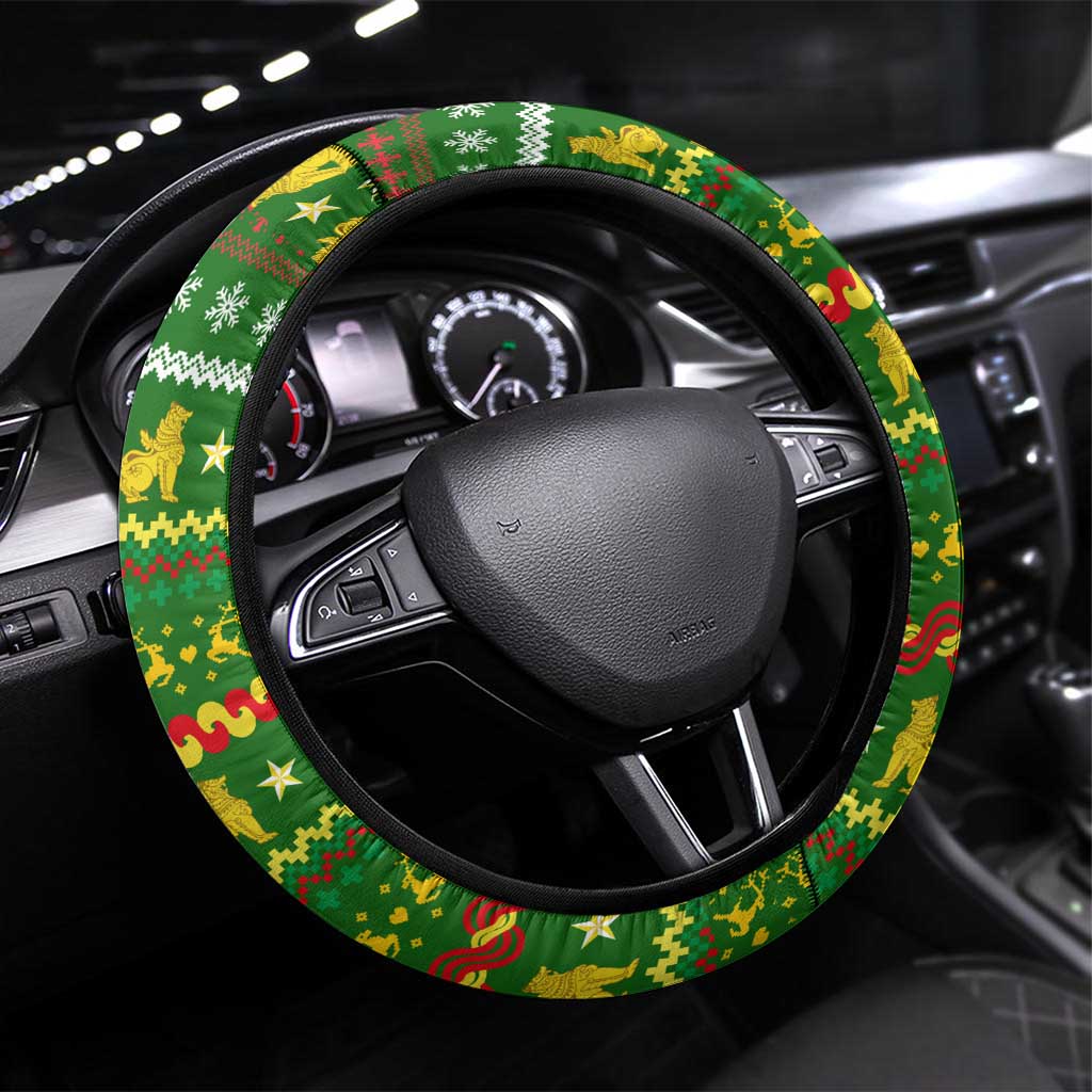 Myanmar Christmas Steering Wheel Cover with Green-Gold Theme, Chinthe Lion, and Santa Motif - Shopicos