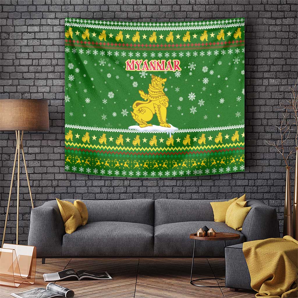 Myanmar Christmas Tapestry with Green-Gold Theme, Chinthe Lion, and Santa Motif - Shopicos