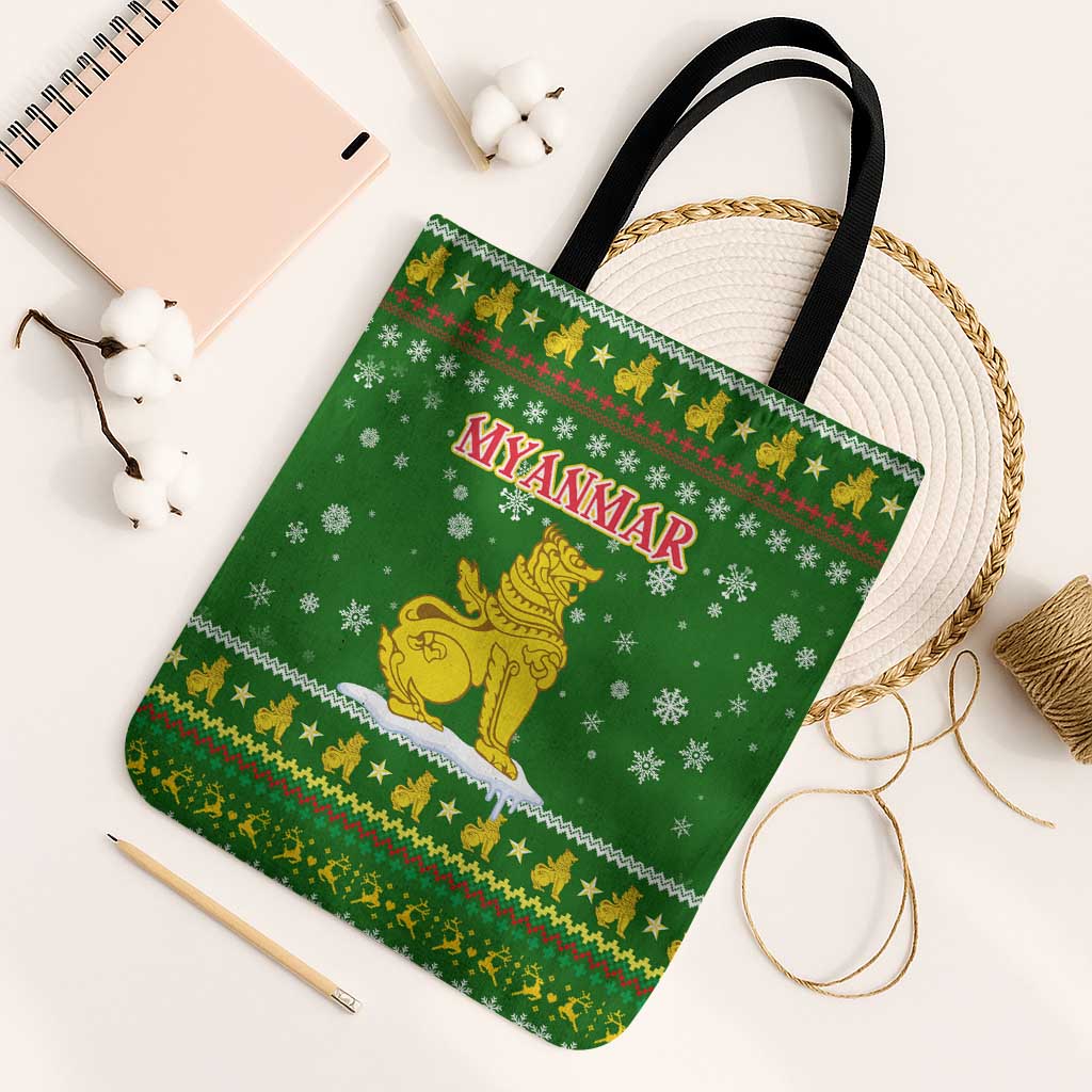 Myanmar Christmas Tote Bag with Green-Gold Theme, Chinthe Lion, and Santa Motif - Shopicos
