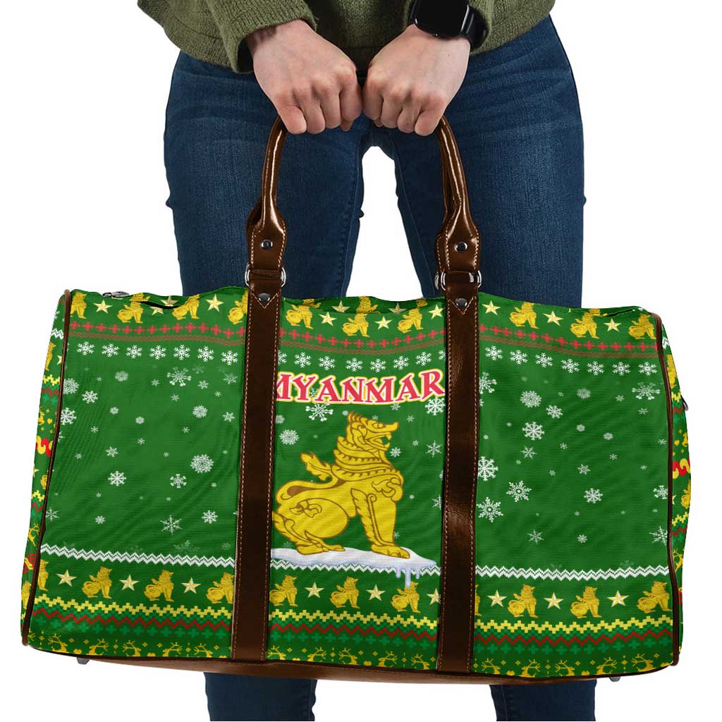 Myanmar Christmas Travel Bag with Green-Gold Theme, Chinthe Lion, and Santa Motif - Shopicos