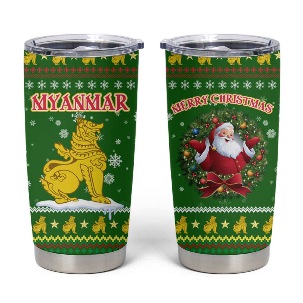 Myanmar Christmas Tumbler Cup with Green-Gold Theme, Chinthe Lion, and Santa Motif - Shopicos