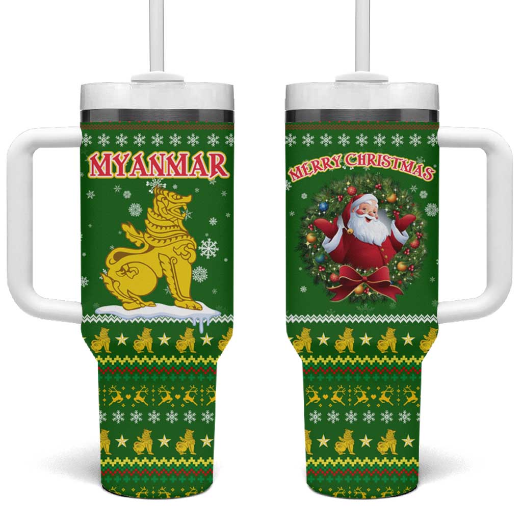 Myanmar Christmas Tumbler With Handle with Green-Gold Theme, Chinthe Lion, and Santa Motif - Shopicos