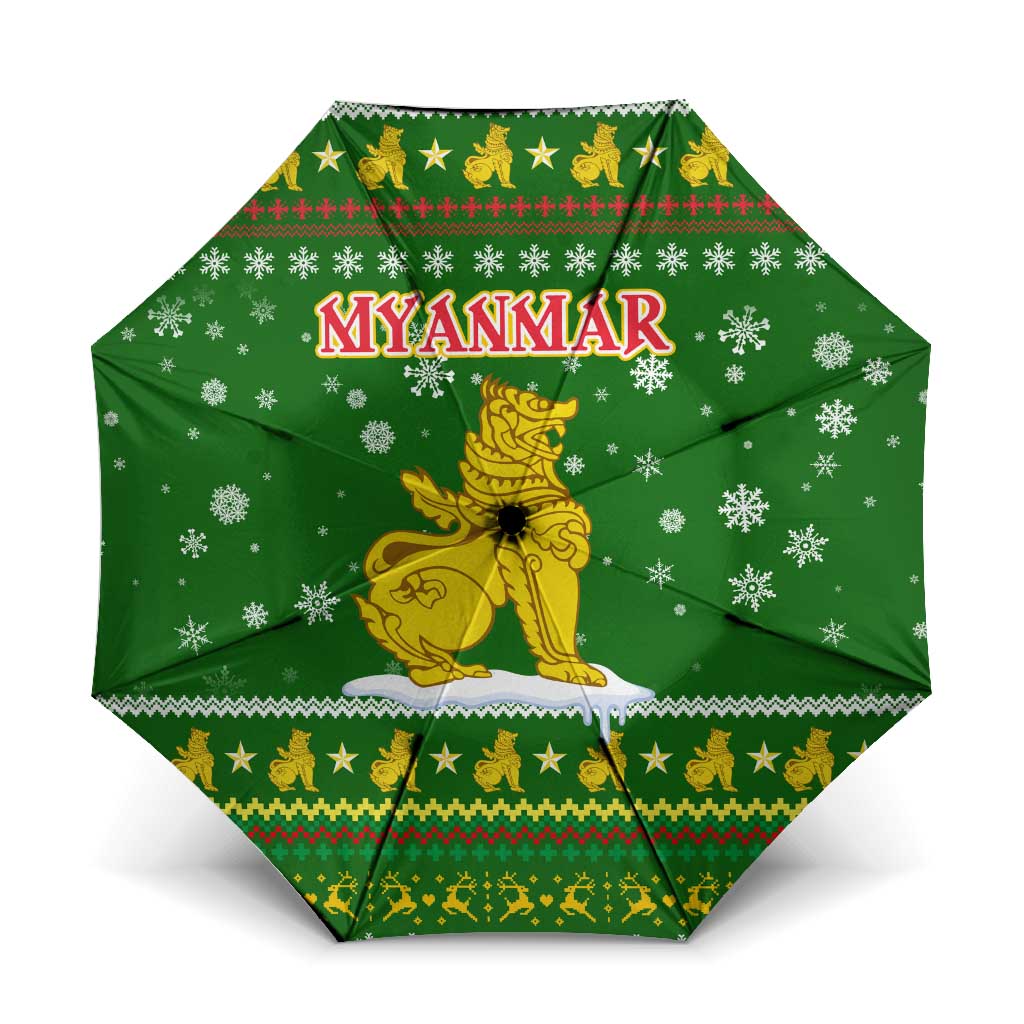 Myanmar Christmas Umbrella with Green-Gold Theme, Chinthe Lion, and Santa Motif - Shopicos