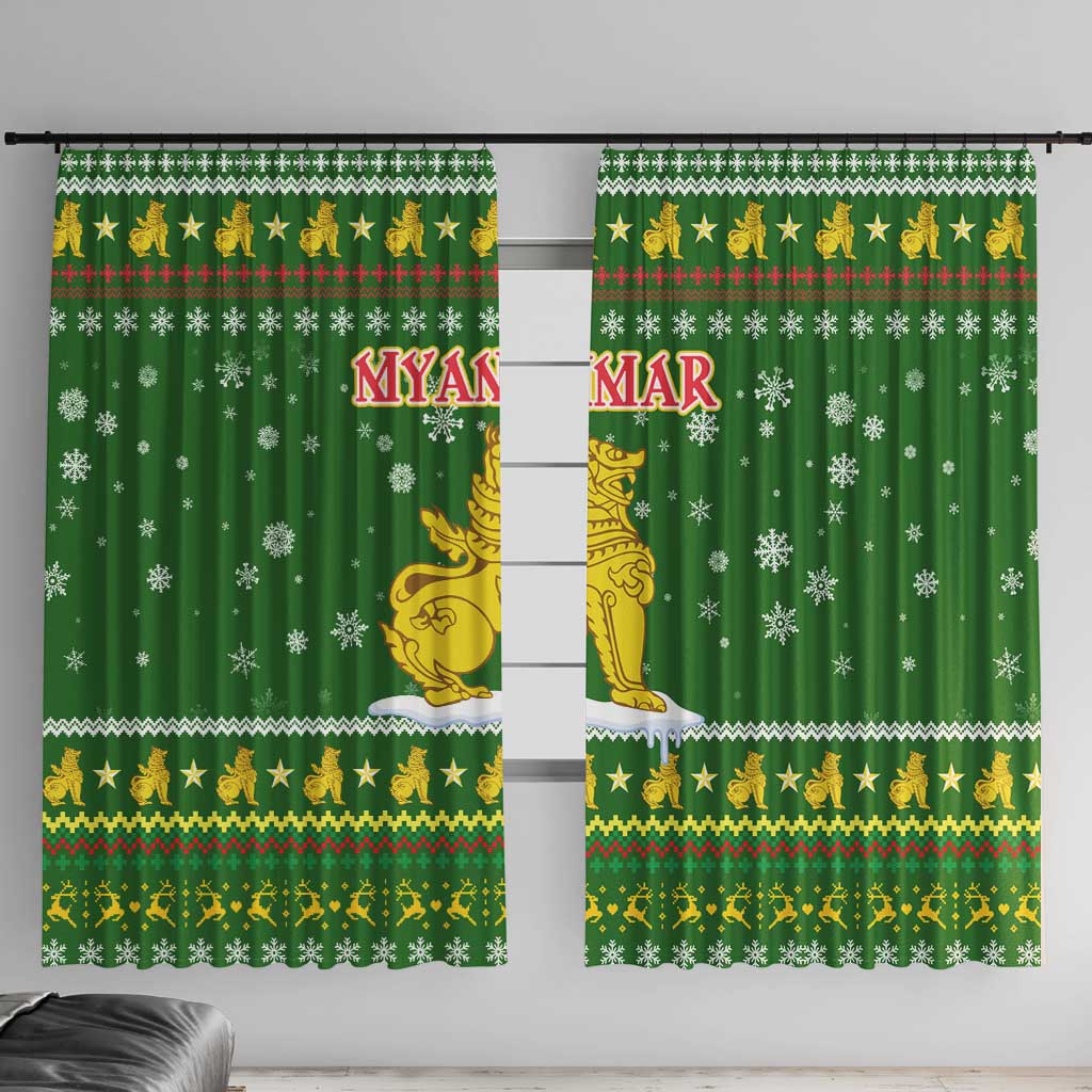 Myanmar Christmas Window Curtain with Green-Gold Theme, Chinthe Lion, and Santa Motif - Shopicos