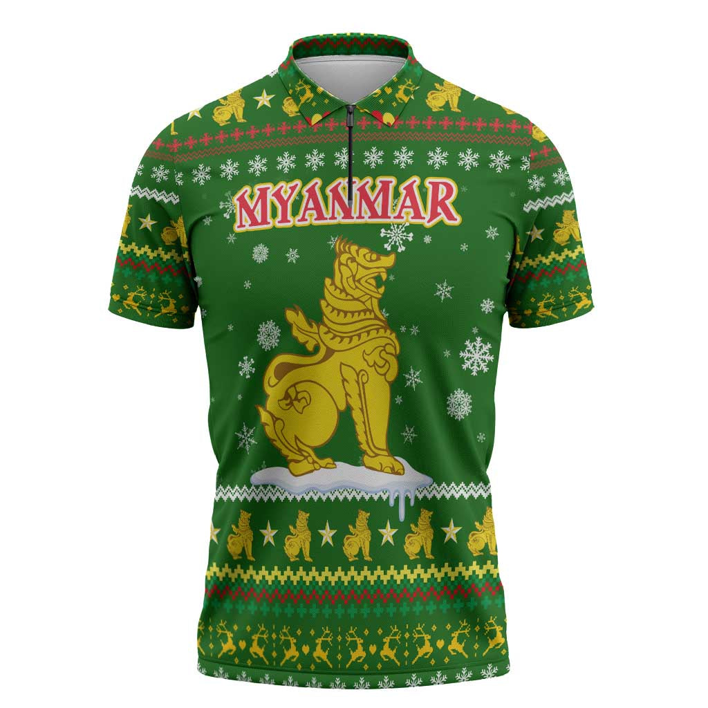 Myanmar Christmas Zipper Polo Shirt with Green-Gold Theme, Chinthe Lion, and Santa Motif - Shopicos