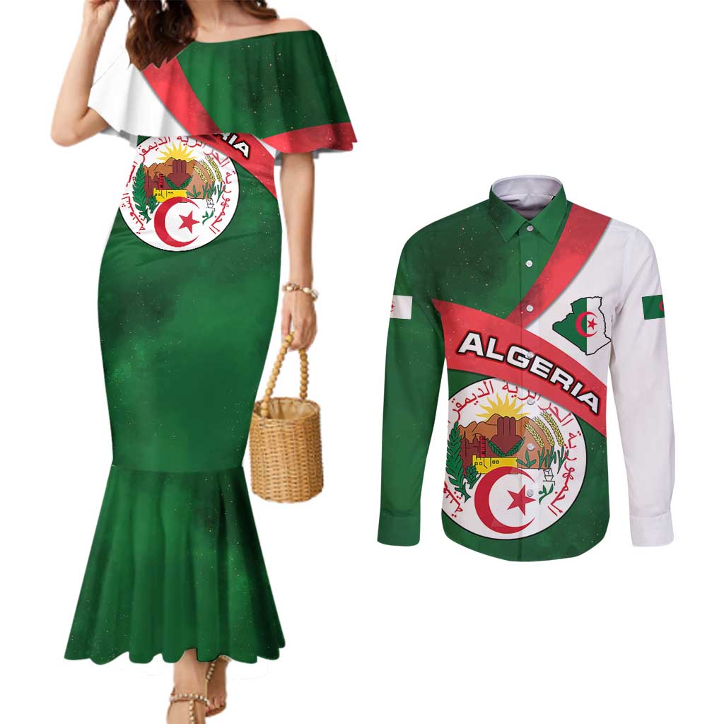 Algeria Couples Matching Mermaid Dress and Long Sleeve Button Shirt with National Emblem and Map Design