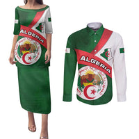 Algeria Couples Matching Puletasi and Long Sleeve Button Shirt with National Emblem and Map Design