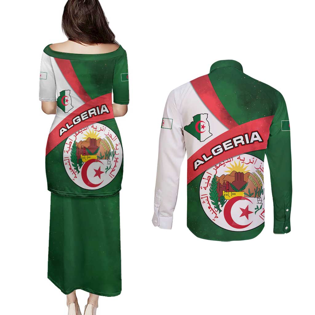 Algeria Couples Matching Puletasi and Long Sleeve Button Shirt with National Emblem and Map Design