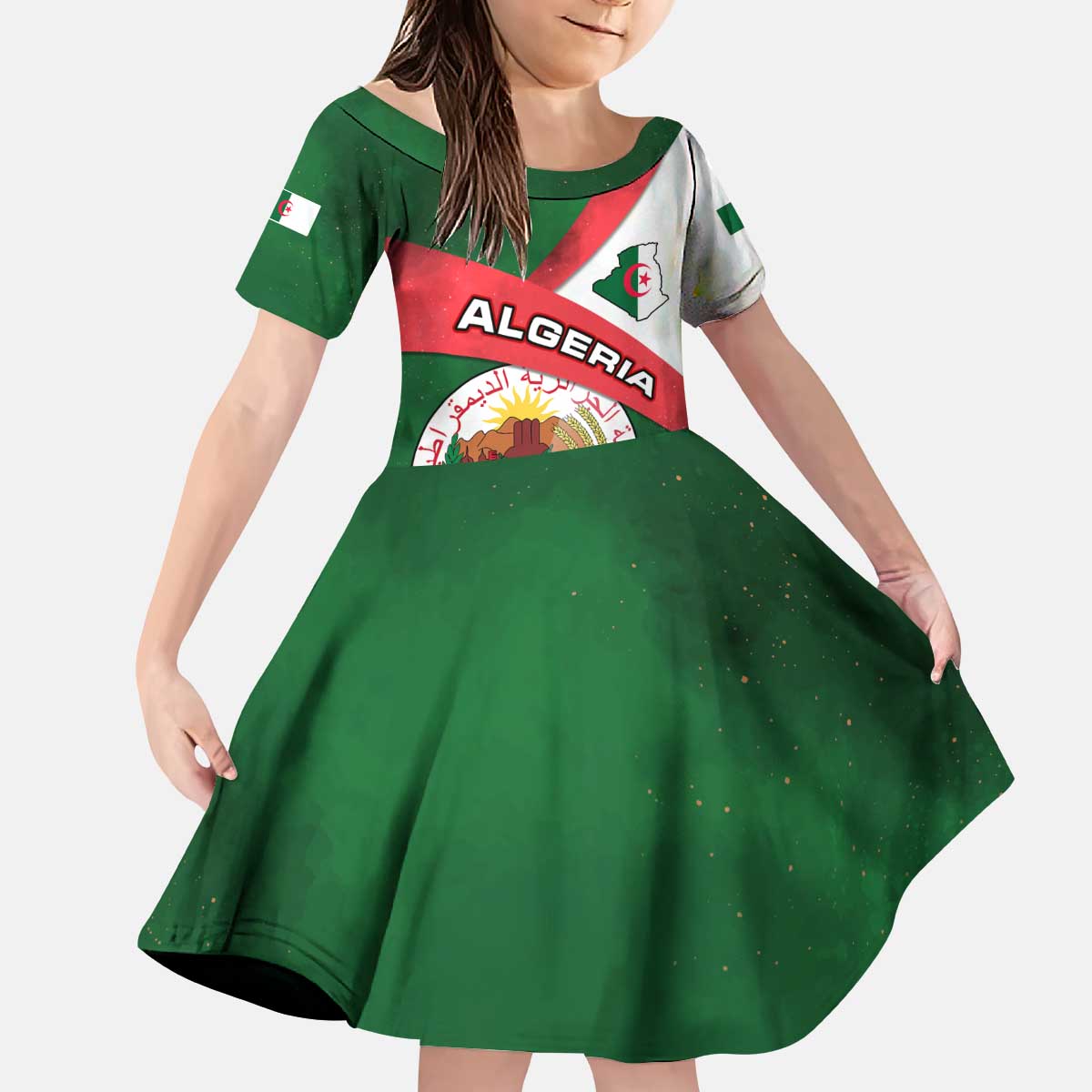 Algeria Kid Short Sleeve Dress with National Emblem and Map Design