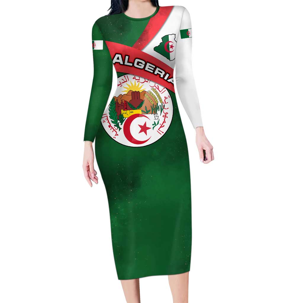 Algeria Long Sleeve Bodycon Dress with National Emblem and Map Design