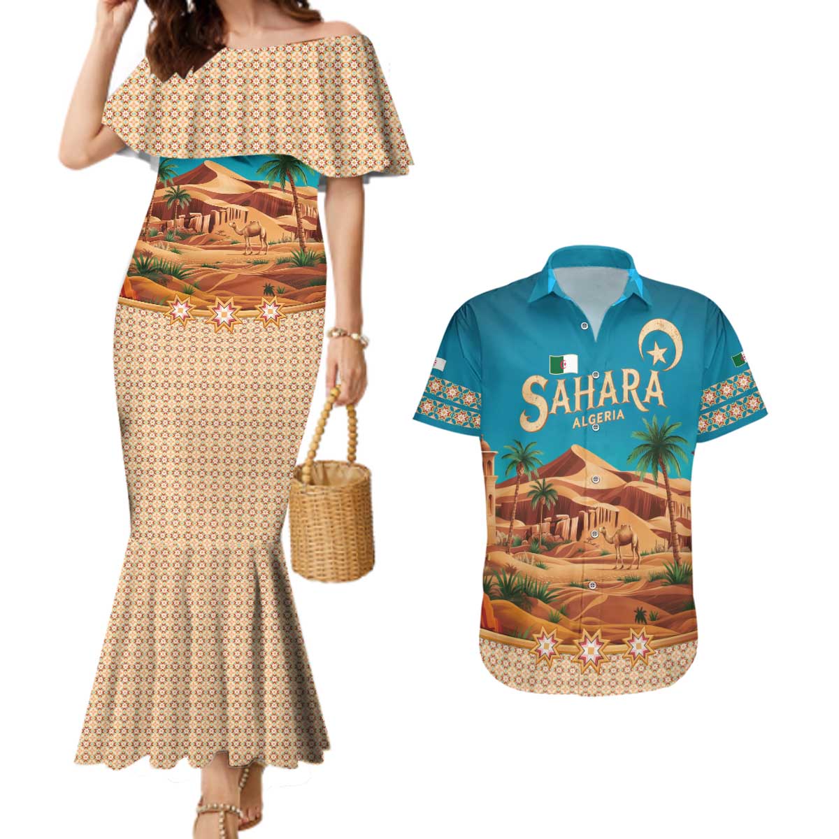 Sahara Algeria Couples Matching Mermaid Dress and Hawaiian Shirt with Desert Camel Landscape and Islamic Motif Design