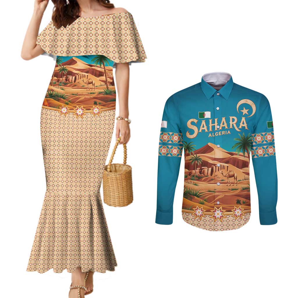 Sahara Algeria Couples Matching Mermaid Dress and Long Sleeve Button Shirt with Desert Camel Landscape and Islamic Motif Design