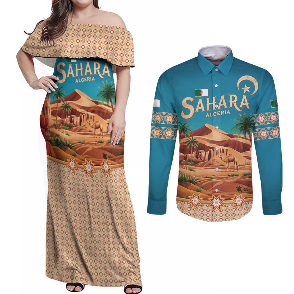 Sahara Algeria Couples Matching Off Shoulder Maxi Dress and Long Sleeve Button Shirt with Desert Camel Landscape and Islamic Motif Design