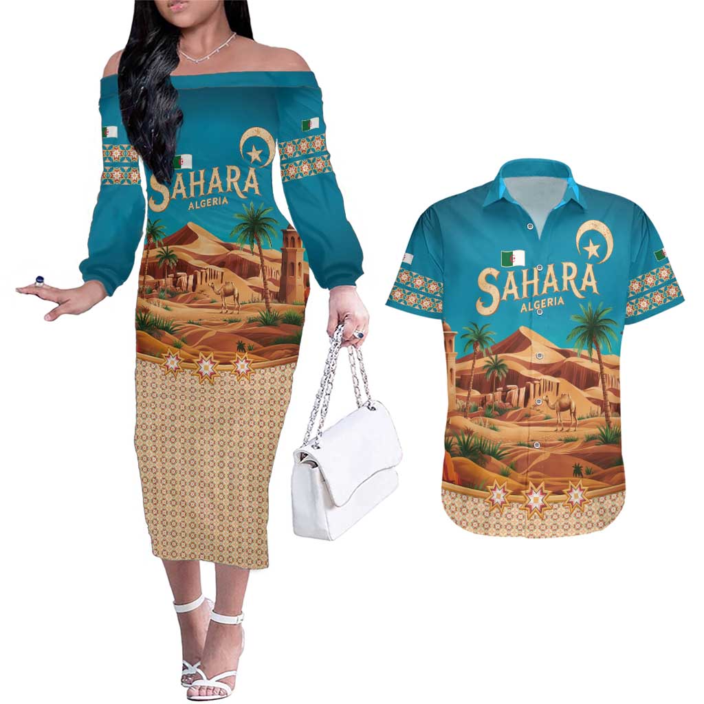 Sahara Algeria Couples Matching Off The Shoulder Long Sleeve Dress and Hawaiian Shirt with Desert Camel Landscape and Islamic Motif Design