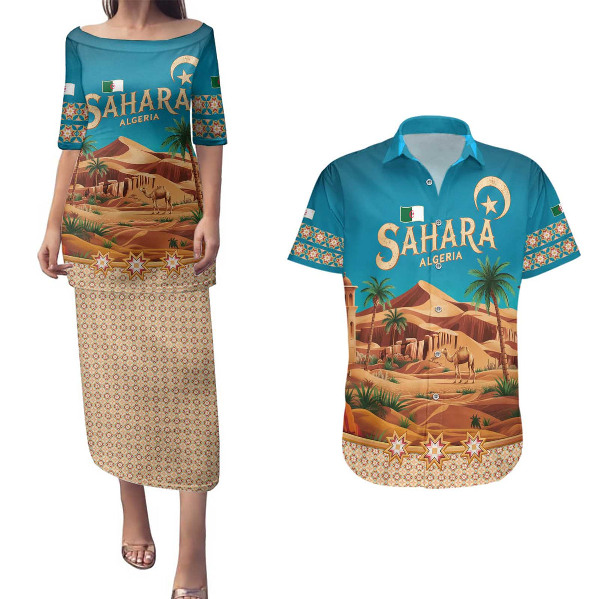 Sahara Algeria Couples Matching Puletasi and Hawaiian Shirt with Desert Camel Landscape and Islamic Motif Design