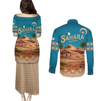 Sahara Algeria Couples Matching Puletasi and Long Sleeve Button Shirt with Desert Camel Landscape and Islamic Motif Design