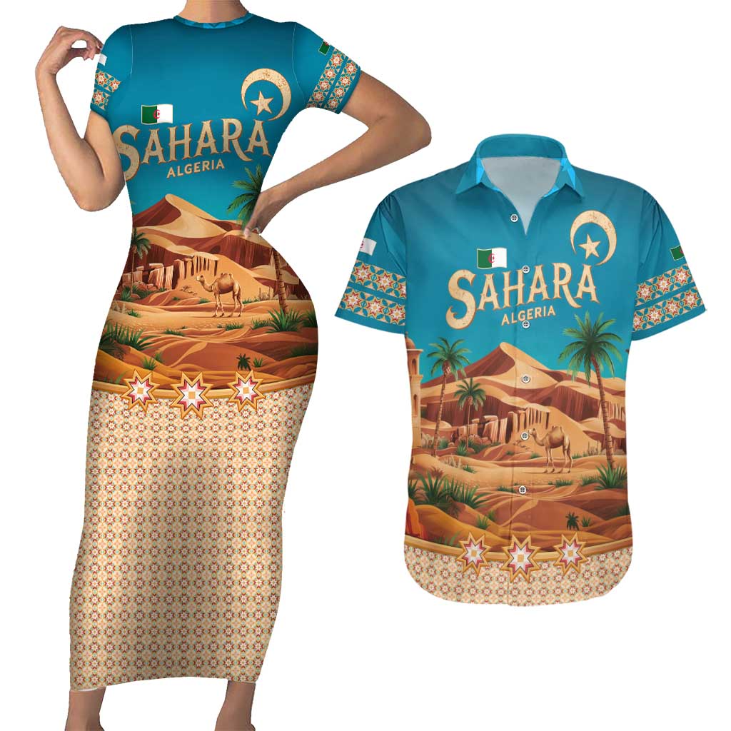 Sahara Algeria Couples Matching Short Sleeve Bodycon Dress and Hawaiian Shirt with Desert Camel Landscape and Islamic Motif Design