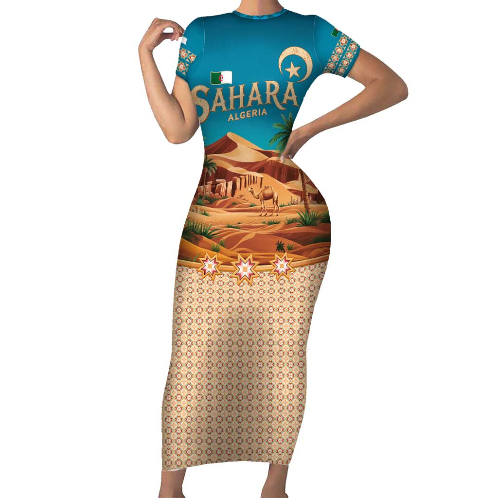 Sahara Algeria Short Sleeve Bodycon Dress with Desert Camel Landscape and Islamic Motif Design