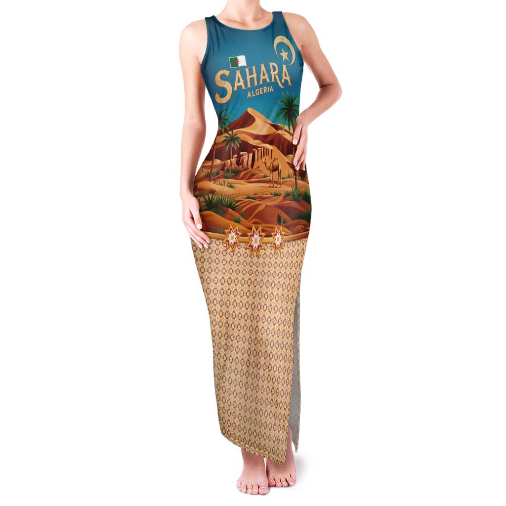 Sahara Algeria Tank Maxi Dress with Desert Camel Landscape and Islamic Motif Design