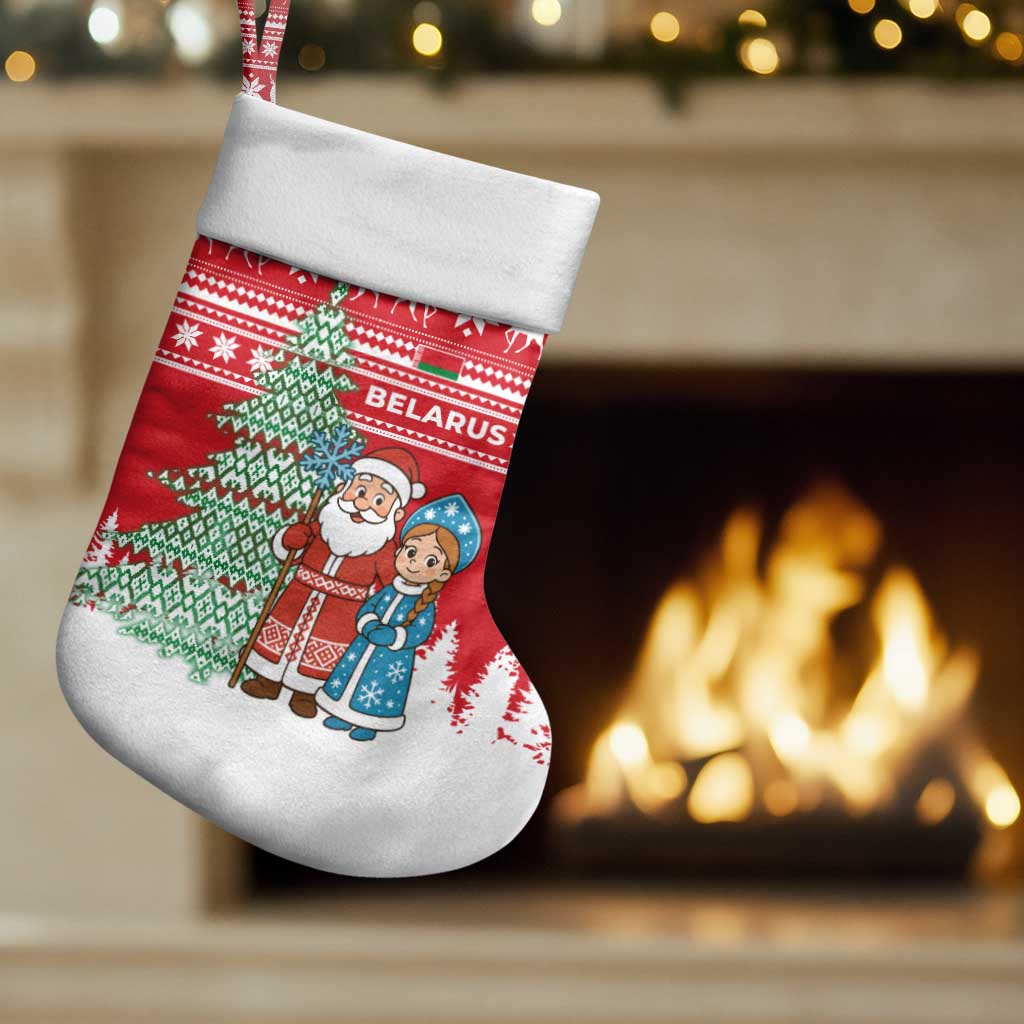 Belarus Christmas Stocking with Ded Moroz Snow Maiden Christmas Tree and Nordic Pattern Design - Shopicos