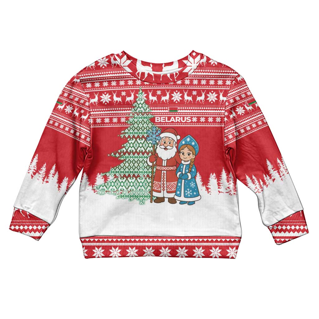 Belarus Christmas Kid Ugly Christmas Sweater with Ded Moroz Snow Maiden Christmas Tree and Nordic Pattern Design - Shopicos