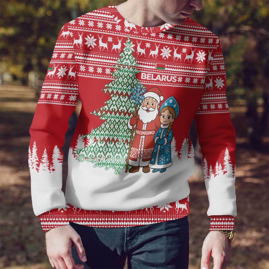 Belarus Christmas Ugly Christmas Sweater with Ded Moroz Snow Maiden Christmas Tree and Nordic Pattern Design - Shopicos