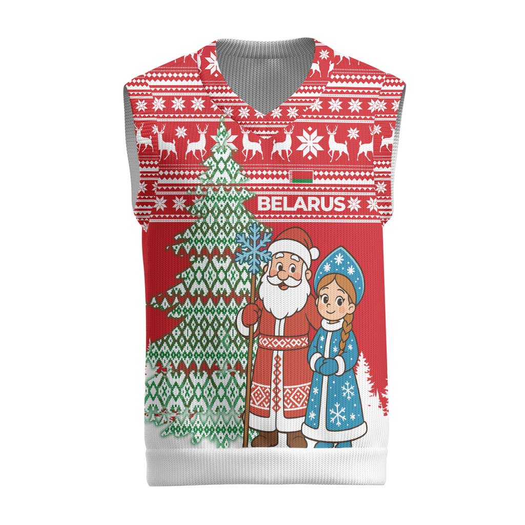 Belarus Christmas Knitted V-Neck Vest with Ded Moroz Snow Maiden Christmas Tree and Nordic Pattern Design - Shopicos