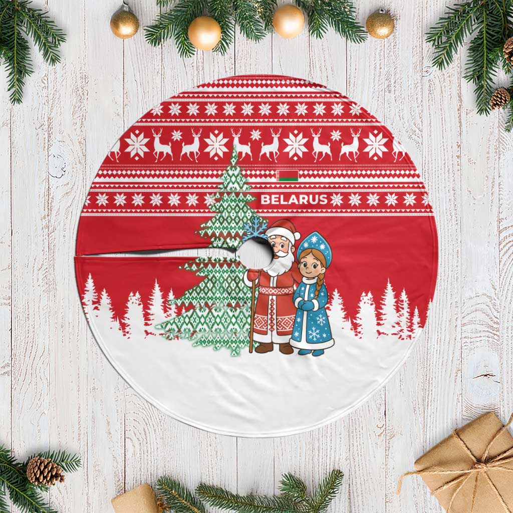 Belarus Christmas Tree Skirt with Ded Moroz Snow Maiden Christmas Tree and Nordic Pattern Design - Shopicos