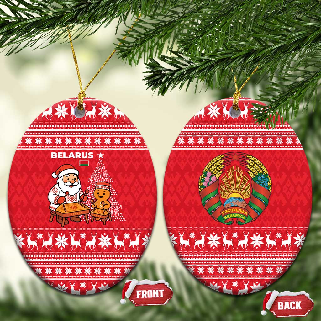 Belarus Christmas Ceramic Ornament with Santa Gingerbread Playing Chess National Emblem and Nordic Pattern Design - Shopicos