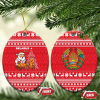 Belarus Christmas Ceramic Ornament with Santa Gingerbread Playing Chess National Emblem and Nordic Pattern Design - Shopicos