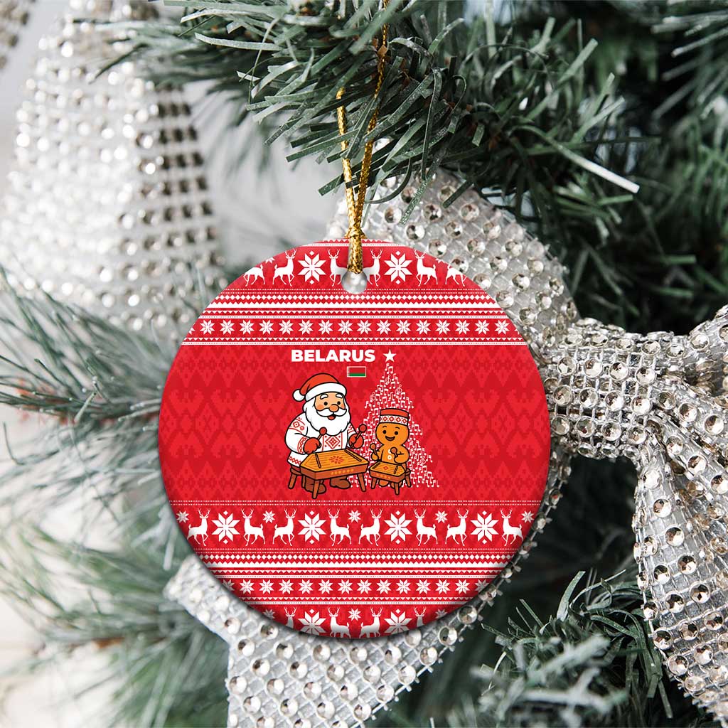 Belarus Christmas Ceramic Ornament with Santa Gingerbread Playing Chess National Emblem and Nordic Pattern Design - Shopicos