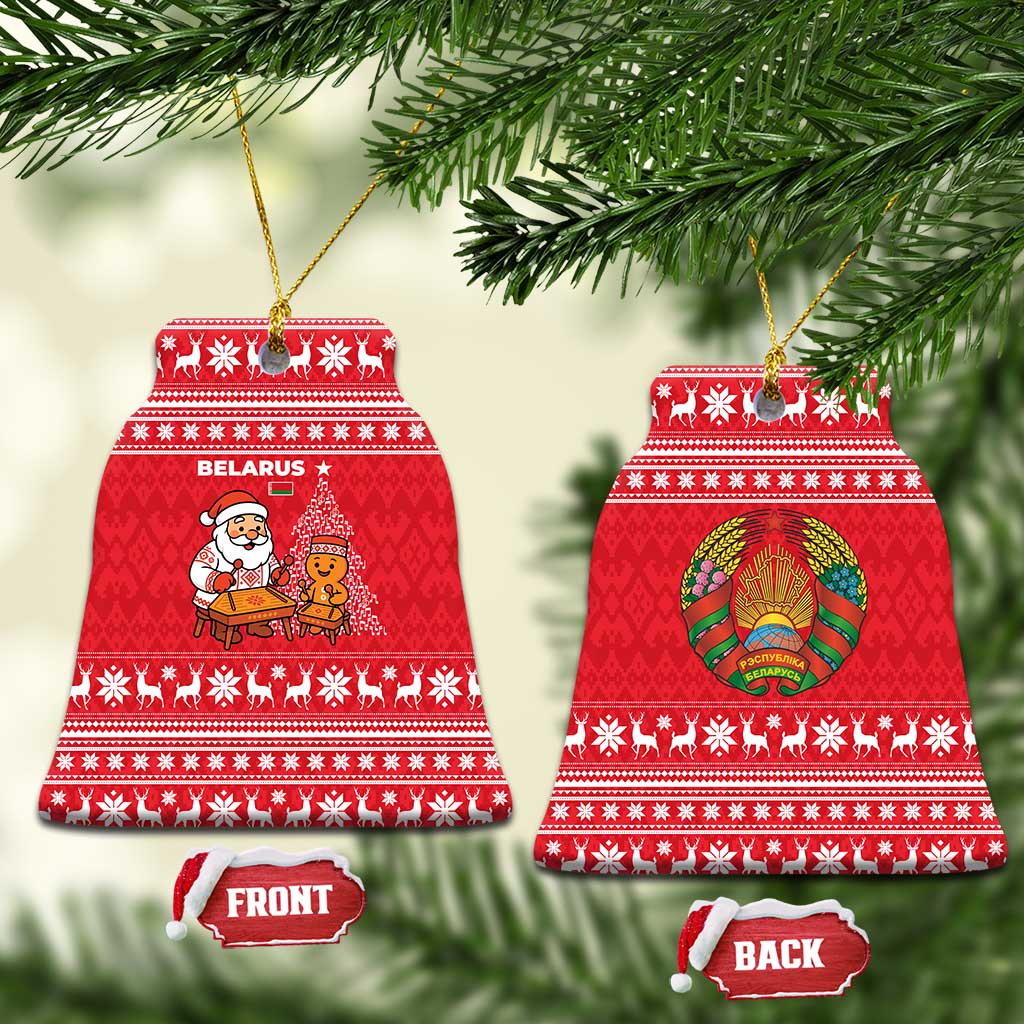 Belarus Christmas Ceramic Ornament with Santa Gingerbread Playing Chess National Emblem and Nordic Pattern Design - Shopicos