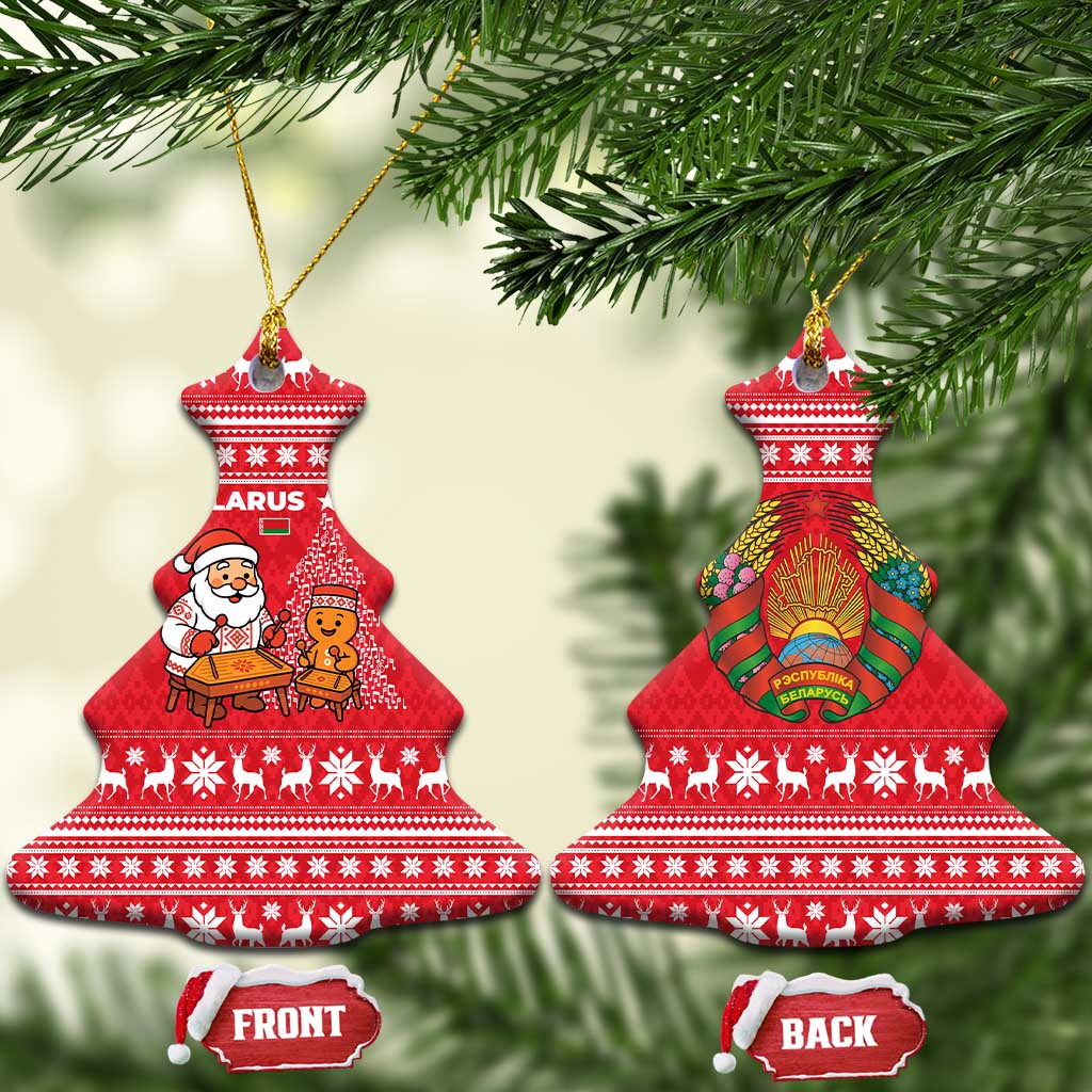 Belarus Christmas Ceramic Ornament with Santa Gingerbread Playing Chess National Emblem and Nordic Pattern Design - Shopicos
