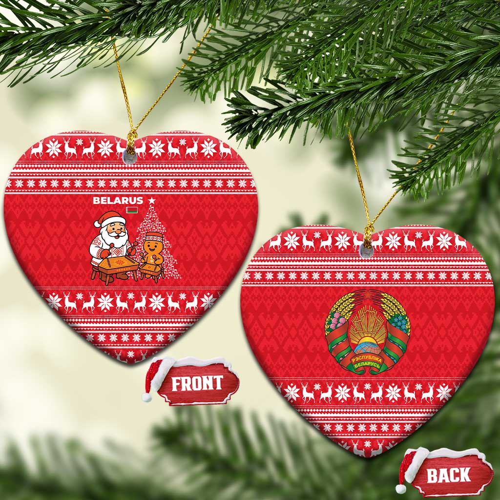 Belarus Christmas Ceramic Ornament with Santa Gingerbread Playing Chess National Emblem and Nordic Pattern Design - Shopicos