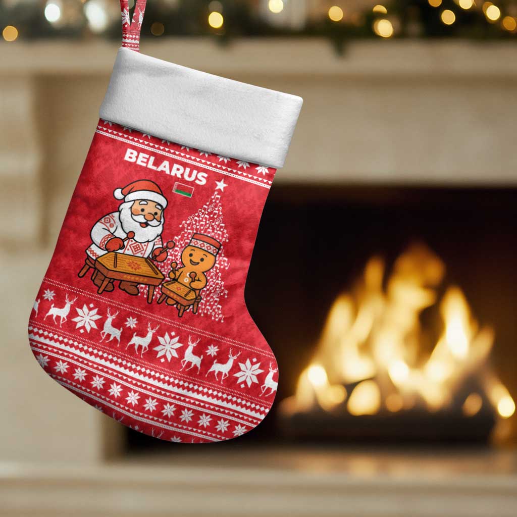 Belarus Christmas Stocking with Santa Gingerbread Playing Chess National Emblem and Nordic Pattern Design - Shopicos