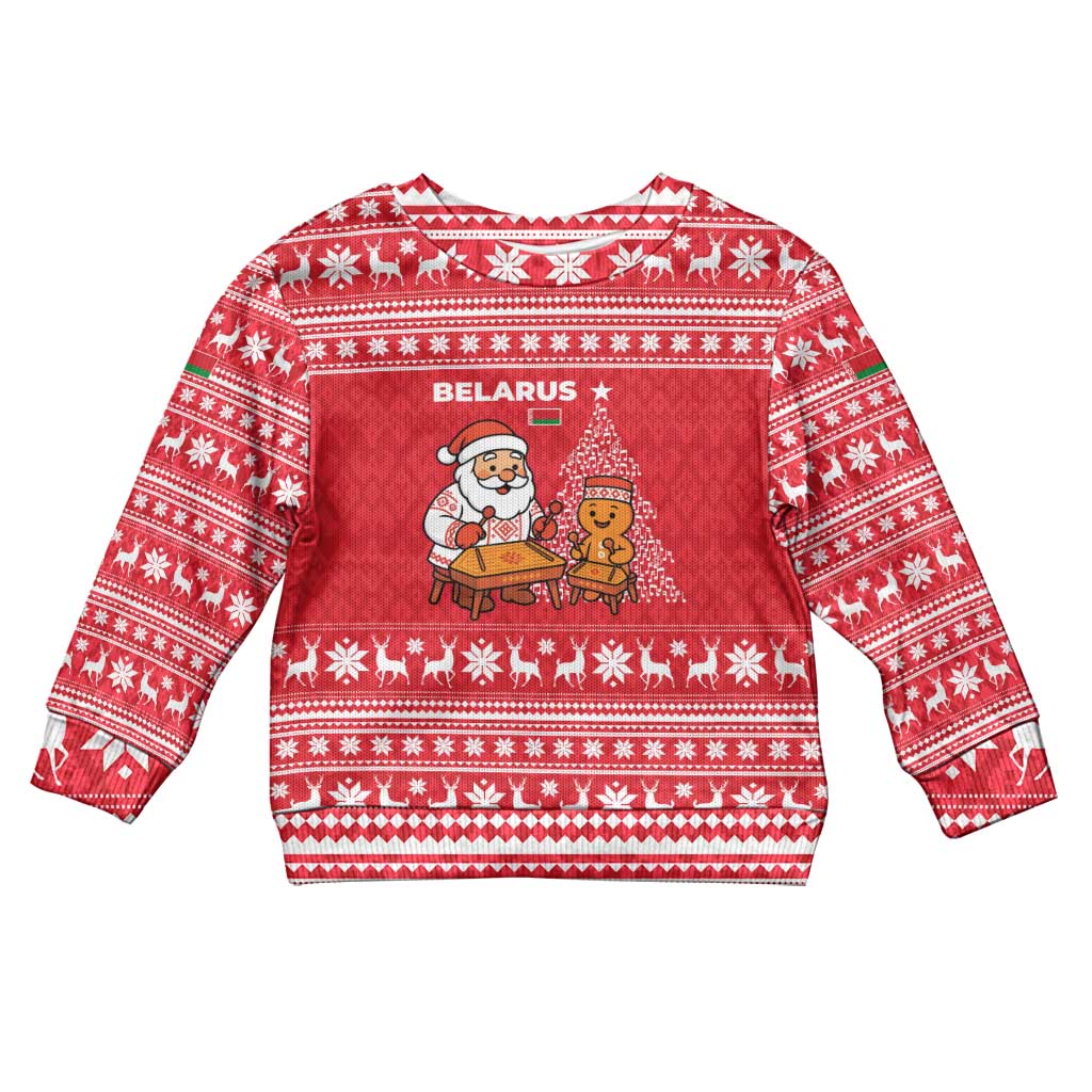 Belarus Christmas Kid Ugly Christmas Sweater with Santa Gingerbread Playing Chess National Emblem and Nordic Pattern Design - Shopicos