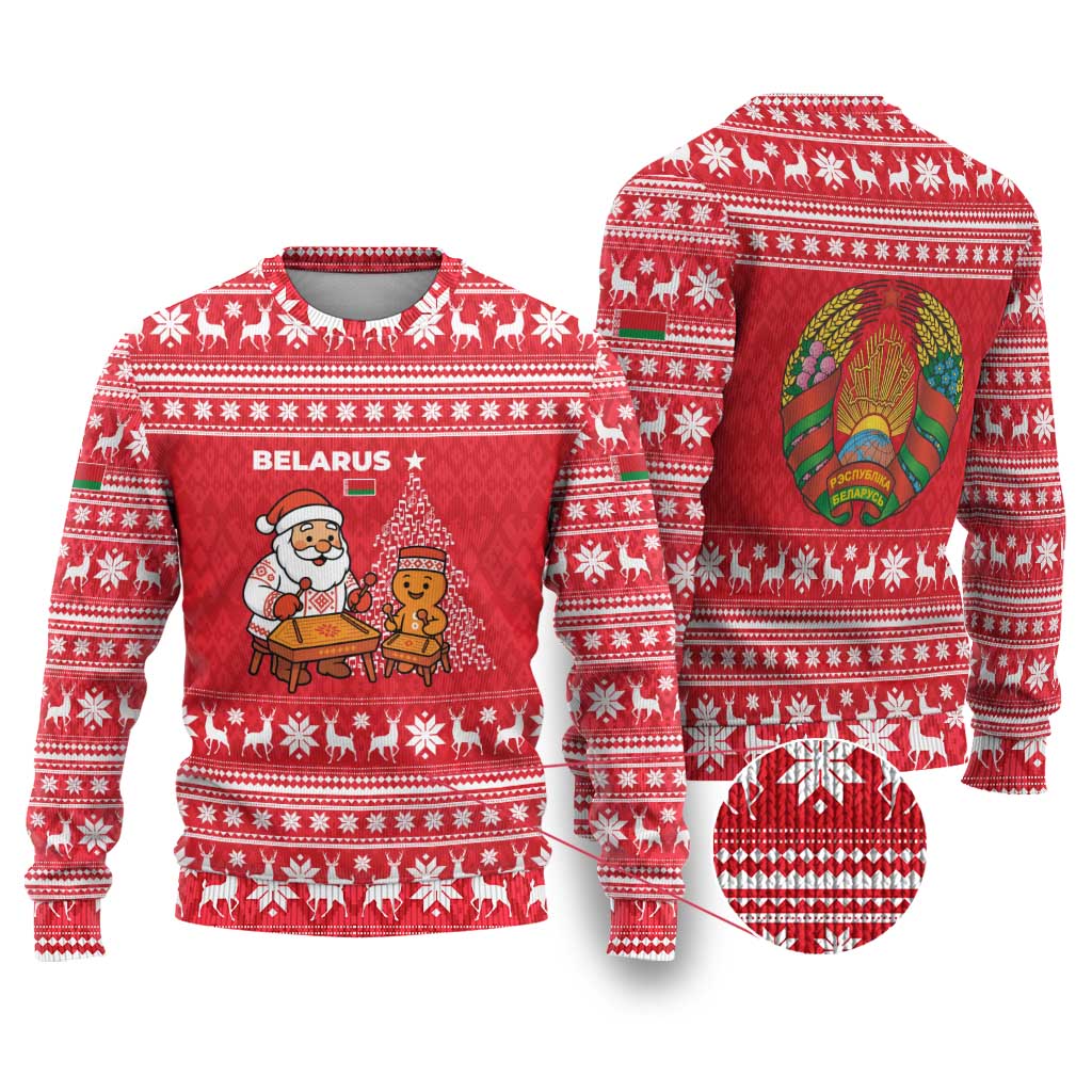 Belarus Christmas Ugly Christmas Sweater with Santa Gingerbread Playing Chess National Emblem and Nordic Pattern Design - Shopicos