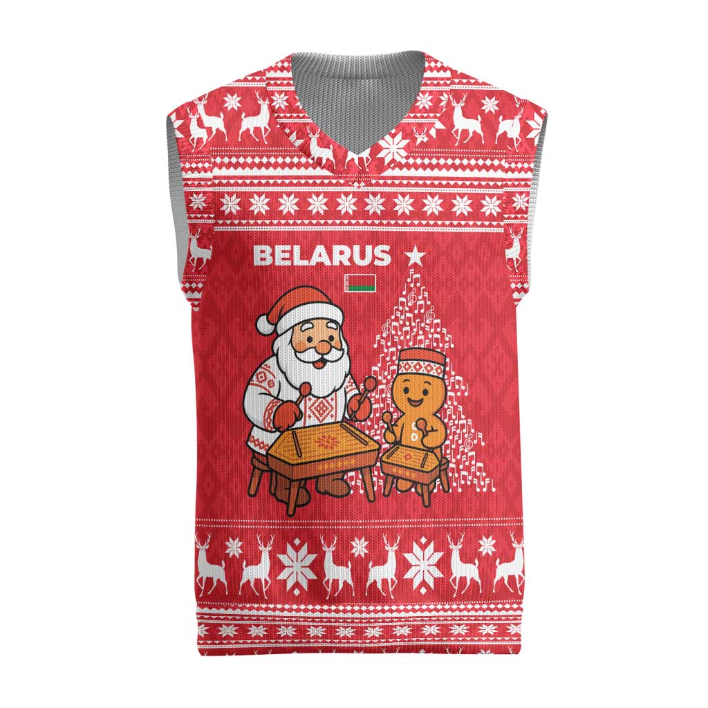 Belarus Christmas Knitted V-Neck Vest with Santa Gingerbread Playing Chess National Emblem and Nordic Pattern Design - Shopicos