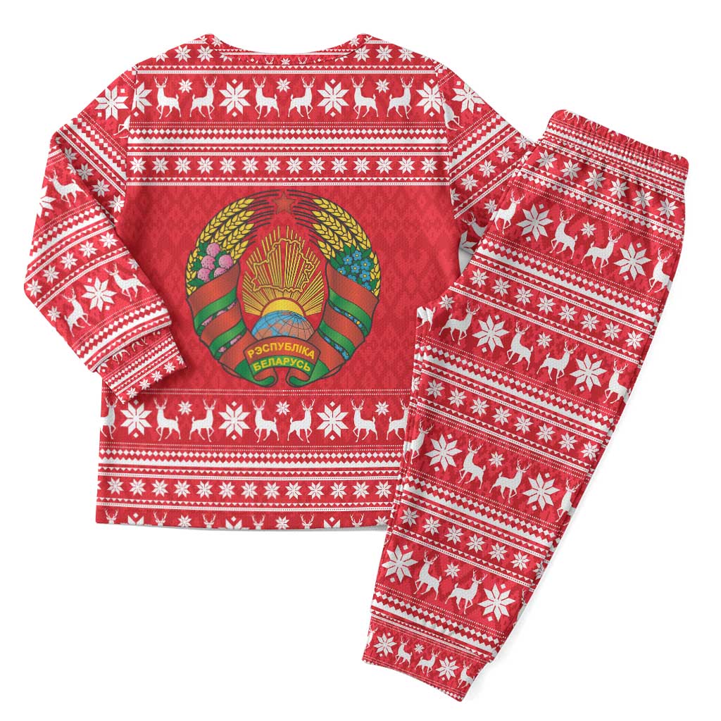 Belarus Christmas Pajama Set with Santa Gingerbread Playing Chess National Emblem and Nordic Pattern Design - Shopicos