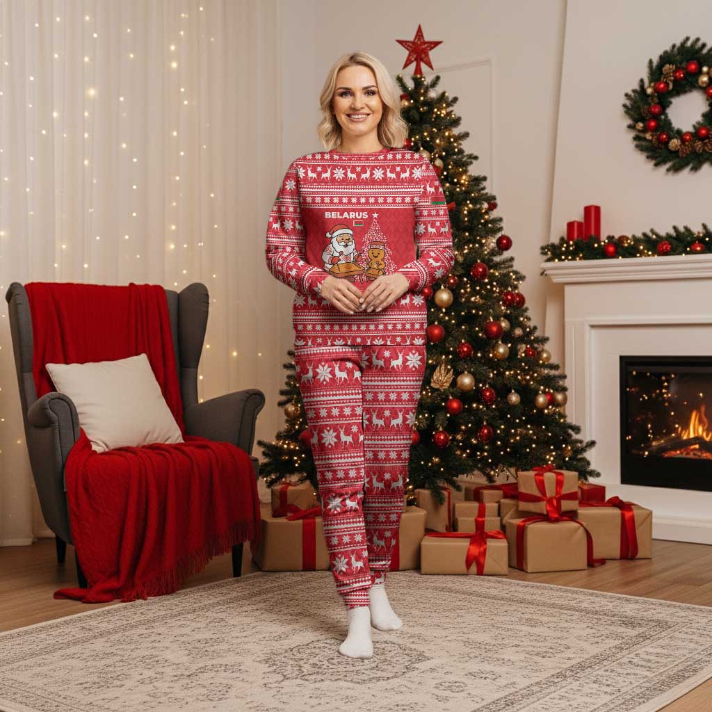 Belarus Christmas Pajama Set with Santa Gingerbread Playing Chess National Emblem and Nordic Pattern Design - Shopicos