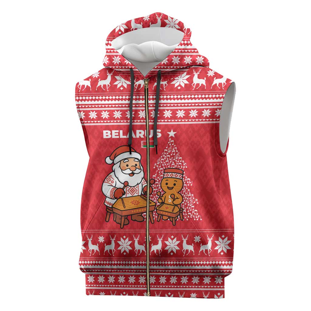 Belarus Christmas Sleeveless Zip Hoodie with Santa Gingerbread Playing Chess National Emblem and Nordic Pattern Design - Shopicos