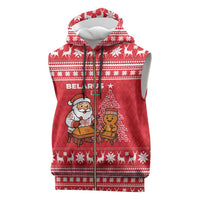 Belarus Christmas Sleeveless Zip Hoodie with Santa Gingerbread Playing Chess National Emblem and Nordic Pattern Design - Shopicos