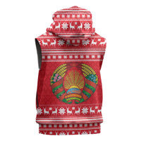 Belarus Christmas Sleeveless Zip Hoodie with Santa Gingerbread Playing Chess National Emblem and Nordic Pattern Design - Shopicos