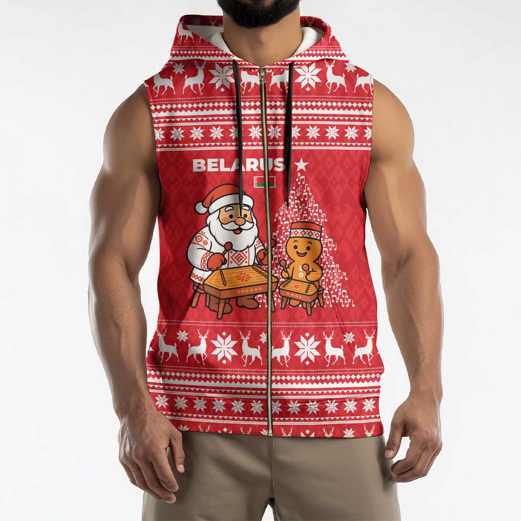 Belarus Christmas Sleeveless Zip Hoodie with Santa Gingerbread Playing Chess National Emblem and Nordic Pattern Design - Shopicos