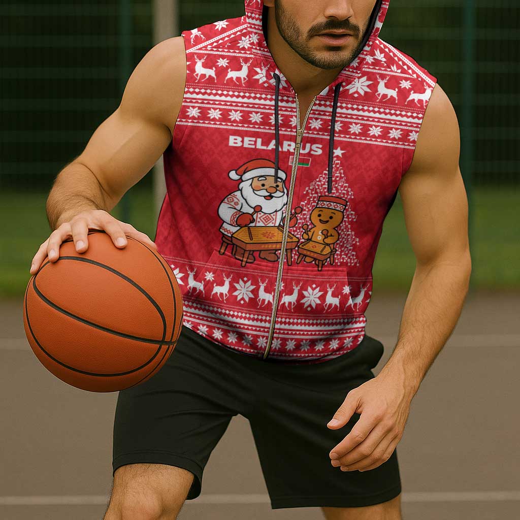 Belarus Christmas Sleeveless Zip Hoodie with Santa Gingerbread Playing Chess National Emblem and Nordic Pattern Design - Shopicos