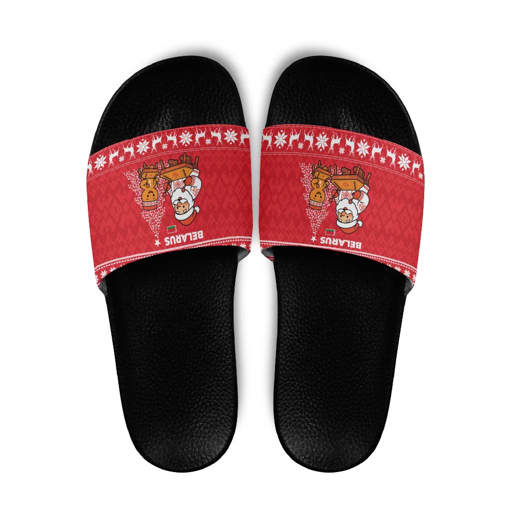 Belarus Christmas Slide Sandals with Santa Gingerbread Playing Chess National Emblem and Nordic Pattern Design - Shopicos